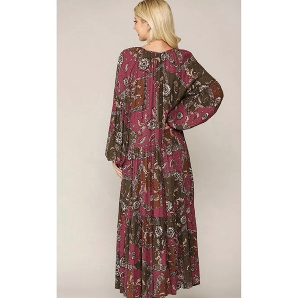 GiGIO Boho‎ Paisley Maxi Dress Women V Neck Long Sleeve Fall Style New Medium - Picture 4 of 5